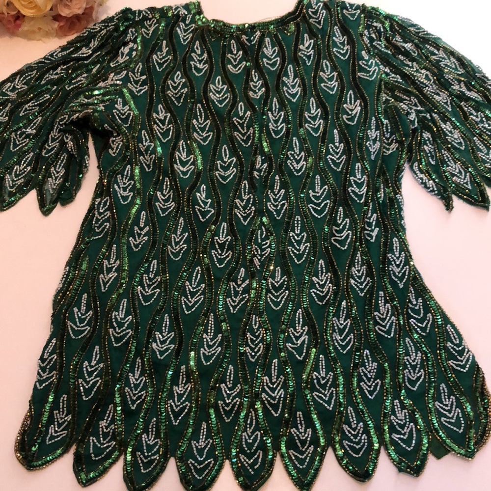 Sequin Green Beaded Short Sleeve Formal Top Elegant Green Beaded Top 80s Dynasty - Picture 16 of 16